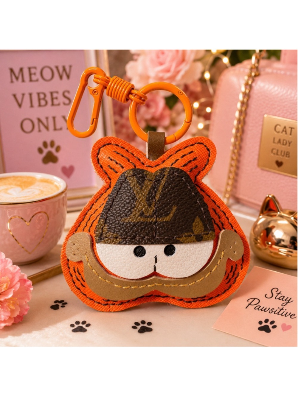 Handmade Orange Kitty Cat Keychain Charm Designer Canvas SKU 90